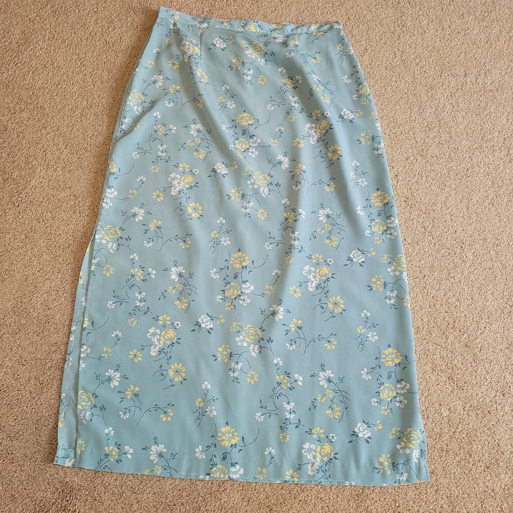 Christopher & Banks Light Blue Floral Long Crepe Skirt 12